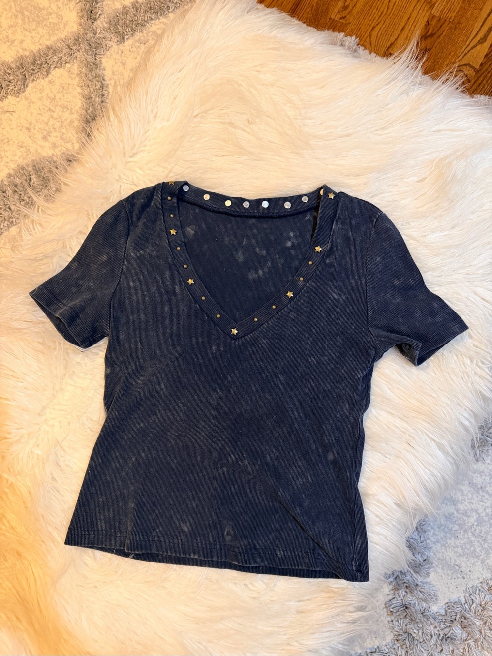 Washed Black V-Neck Tee with Gold Star Studs